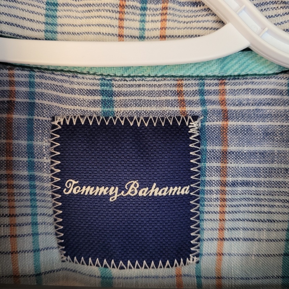 Tommy Bahama Mens 100% Linen Striped Shirt Size L Wooden Button Front Blue Orang - Picture 5 of 9